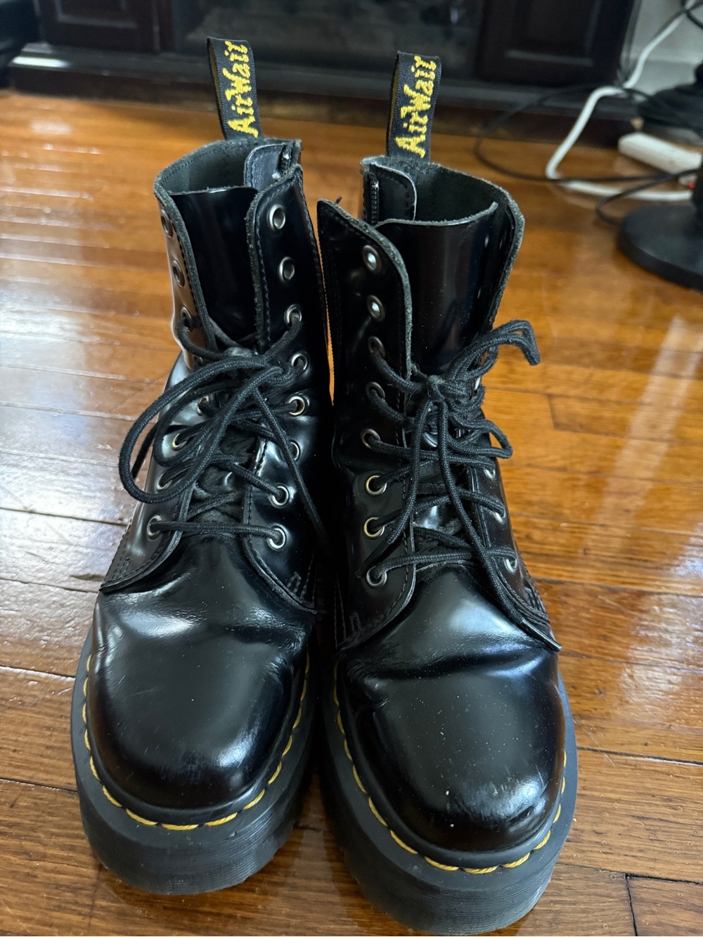 Dr. Martens Jadon Black Leather Platform Combat Boots with Yellow Stitching